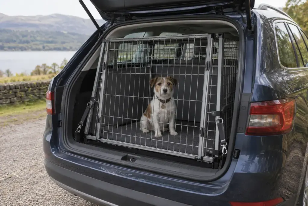 A small dog sitting in a spacious secured travel crate in a parked vehicle.