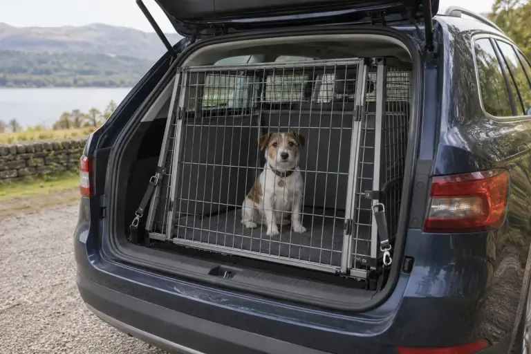 A small dog sitting in a spacious secured travel crate in a parked vehicle.