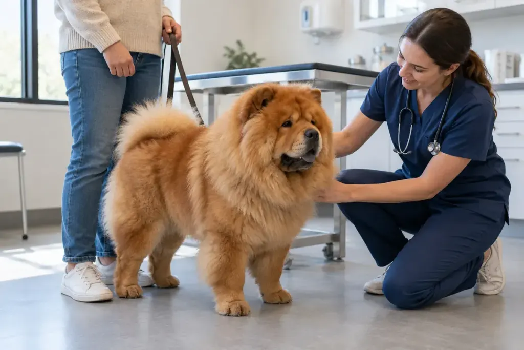 A calm fluffy chow chow standing side-on beside its owner in a bright veterinary consultation room.