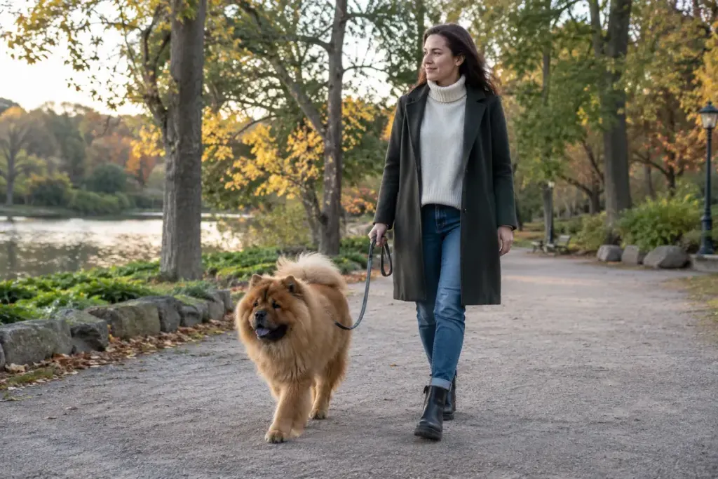 An adult walking a relaxed chow dog on a loose leash along a quiet wide park path.
