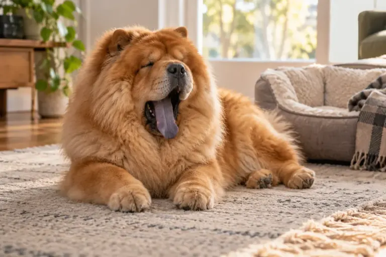 A relaxed adult chow chow yawning on a rug near its bed in soft afternoon light.