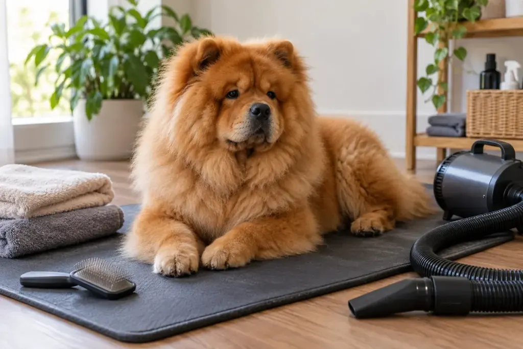 A calm Chow Chow on a grooming mat beside towels and a grooming dryer switched off.