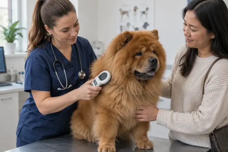 A veterinarian holding a microchip scanner near a relaxed chow dog with its owner nearby.