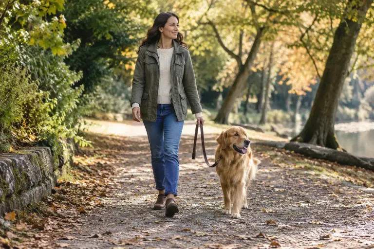An adult walking one calm dog on a loose lead along a quiet park path.