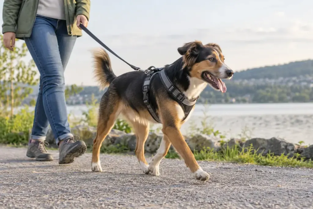 A dog wearing a well fitted harness on a relaxed walk with its owner.