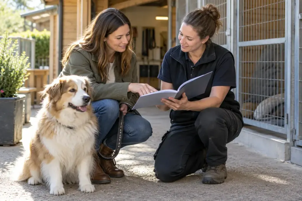 A dog owner reviewing a pet health booklet with a boarding-kennel staff member while a calm fluffy dog sits nearby.