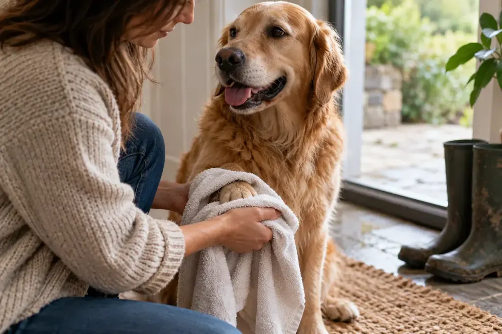 A person gently drying a relaxed dog paw with a clean towel near a doorway.