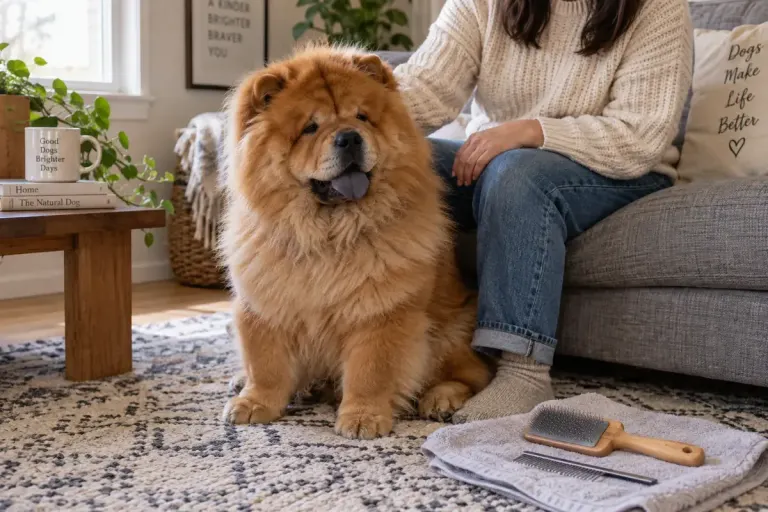 A Chow Chow resting beside its owner, with a brush and comb on a towel nearby.