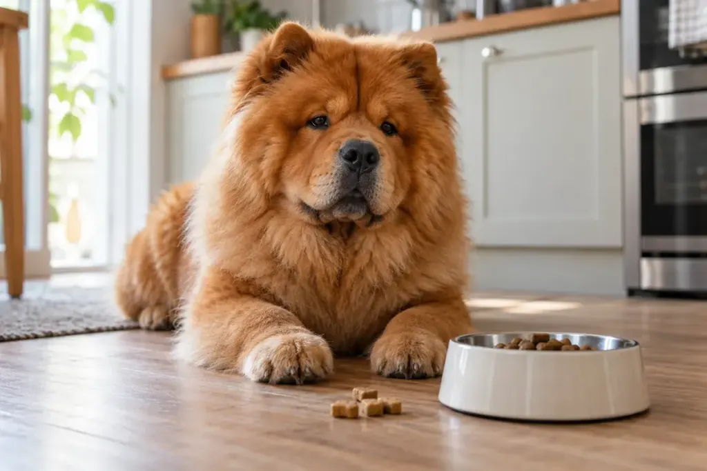 A calm chow chow beside a small portion of treats and a food bowl in a home kitchen.