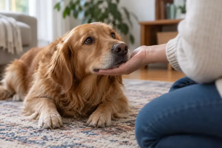 A relaxed dog voluntarily resting its chin lightly on an adult's open palm during calm indoor training.