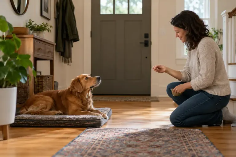 A dog resting on a mat well away from a closed front door while an adult rewards calmly.