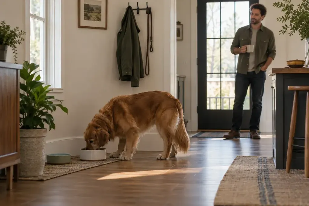 Dog eating calmly from a bowl in a quiet corner while an adult stands well away near a doorway, no reaching towards food.