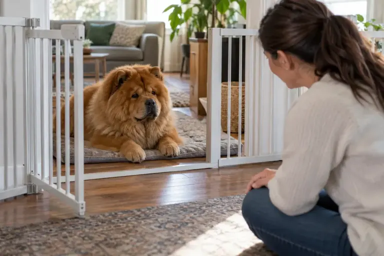 Calm chow dog resting behind an open indoor pet gate with caregiver nearby.