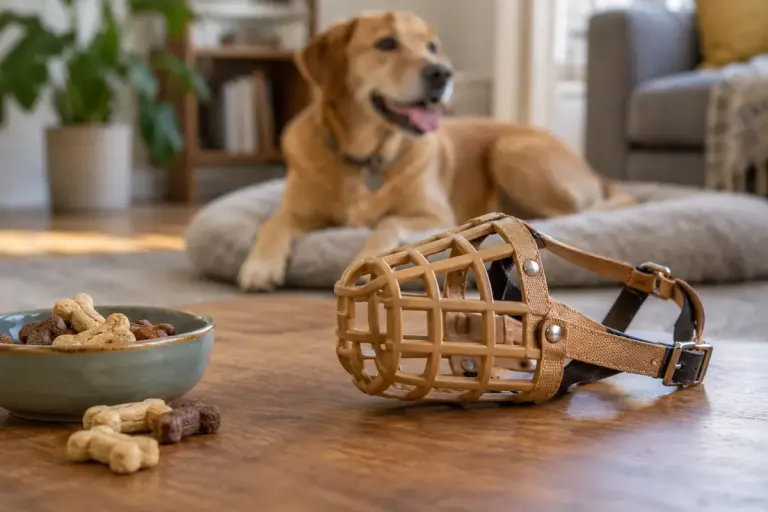 Basket muzzle resting on table beside dog treats, relaxed dog in background.