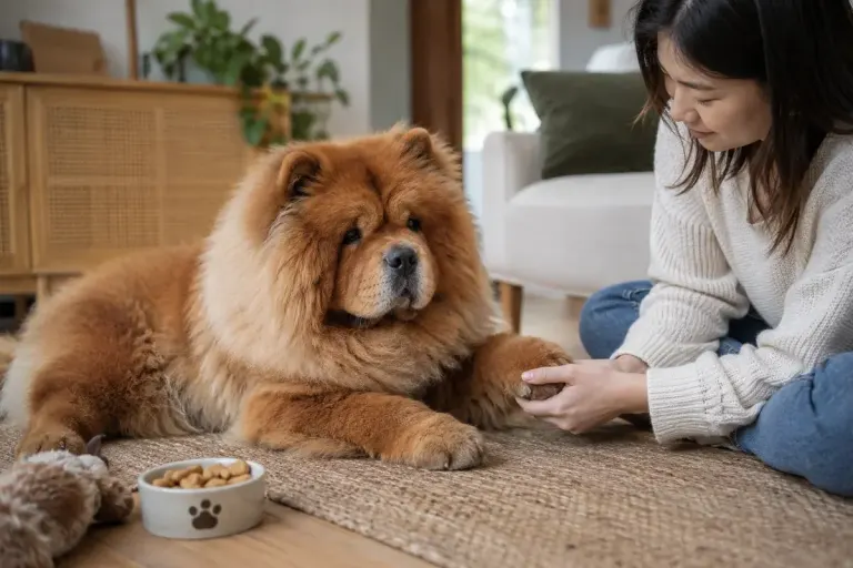 Calm chow chow resting on a mat while its owner gently holds one paw, treats nearby, no clipping or restraint.