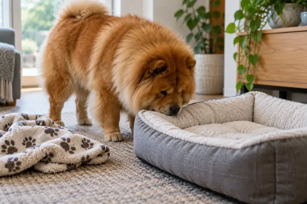 Adult chow dog sniffing a fresh dog bed beside a familiar blanket.
