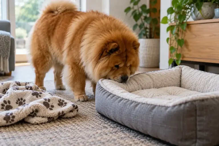 Adult chow dog sniffing a fresh dog bed beside a familiar blanket.