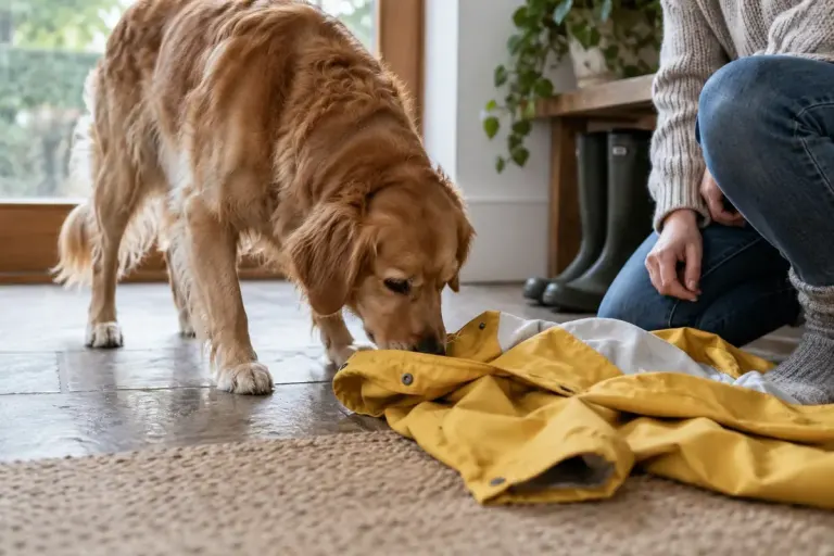 A dog calmly sniffing a raincoat laid on a floor beside an owner.