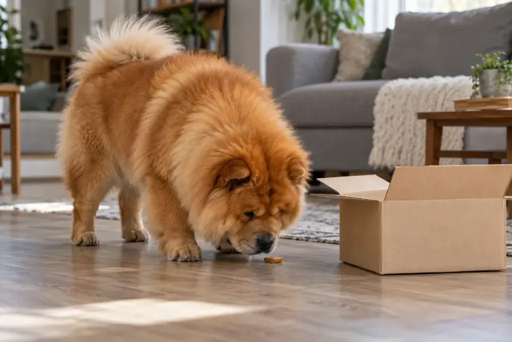 Chow dog finding a small treat beside a simple open cardboard box on a clear living room floor.
