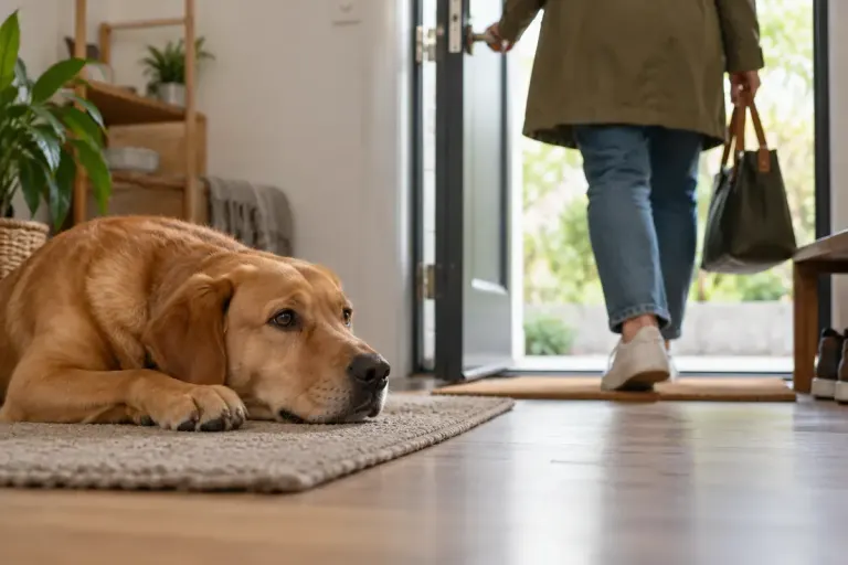 A relaxed dog resting on a mat near an open interior doorway while an adult prepares a short practice departure.