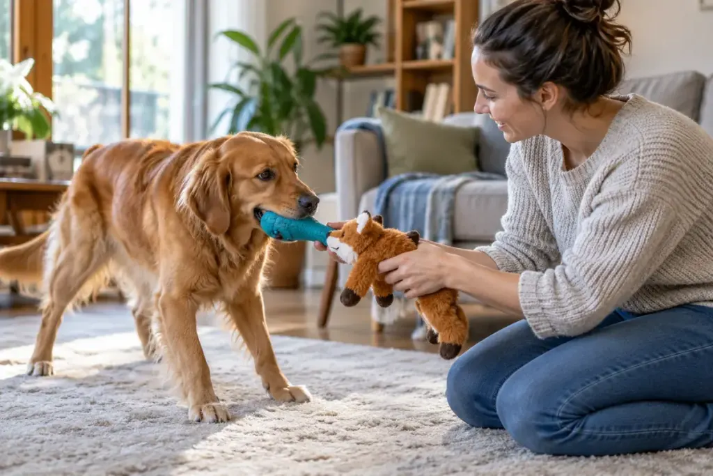 A calm dog releasing a safe toy while its owner offers another toy at home.