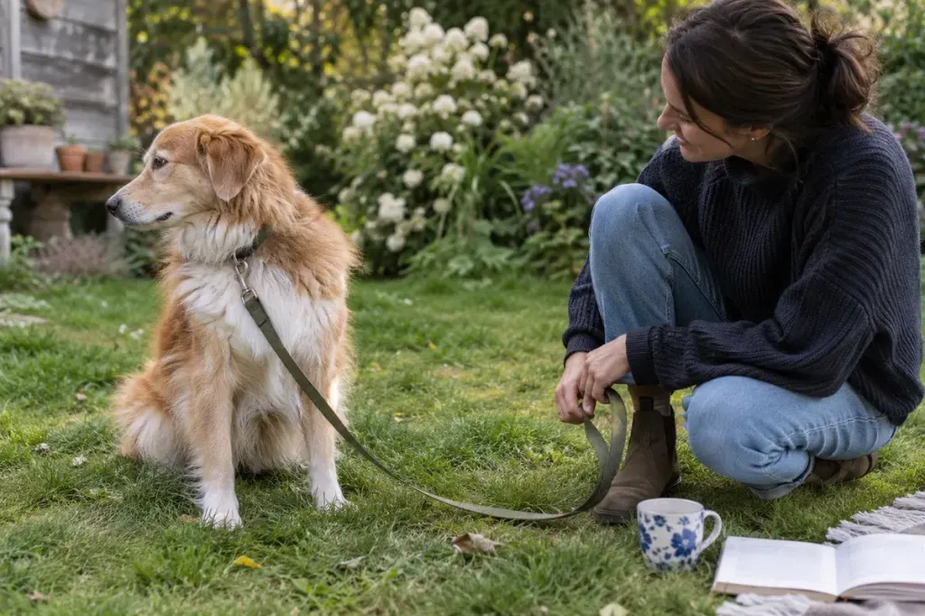 Fluffy adult dog calmly turning its head away while a person gives it space in a garden, loose lead and relaxed scene.