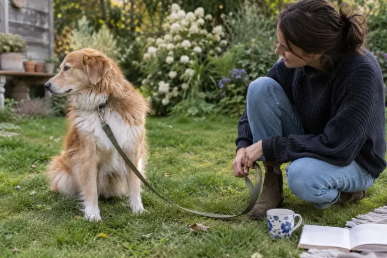 Fluffy adult dog calmly turning its head away while a person gives it space in a garden, loose lead and relaxed scene.