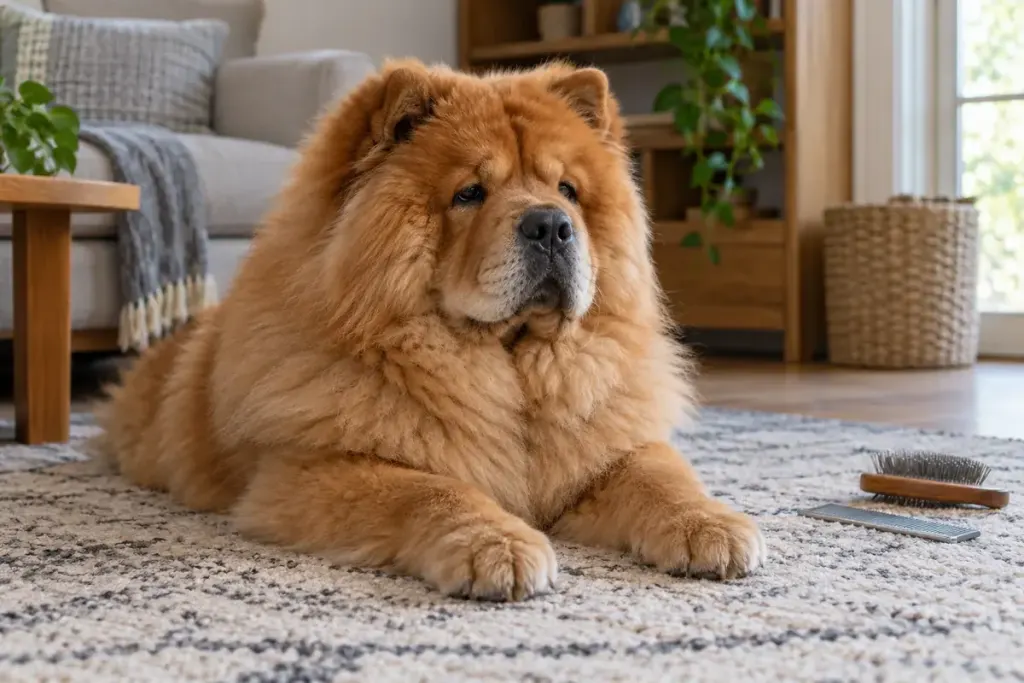 A Chow Chow resting near grooming tools.