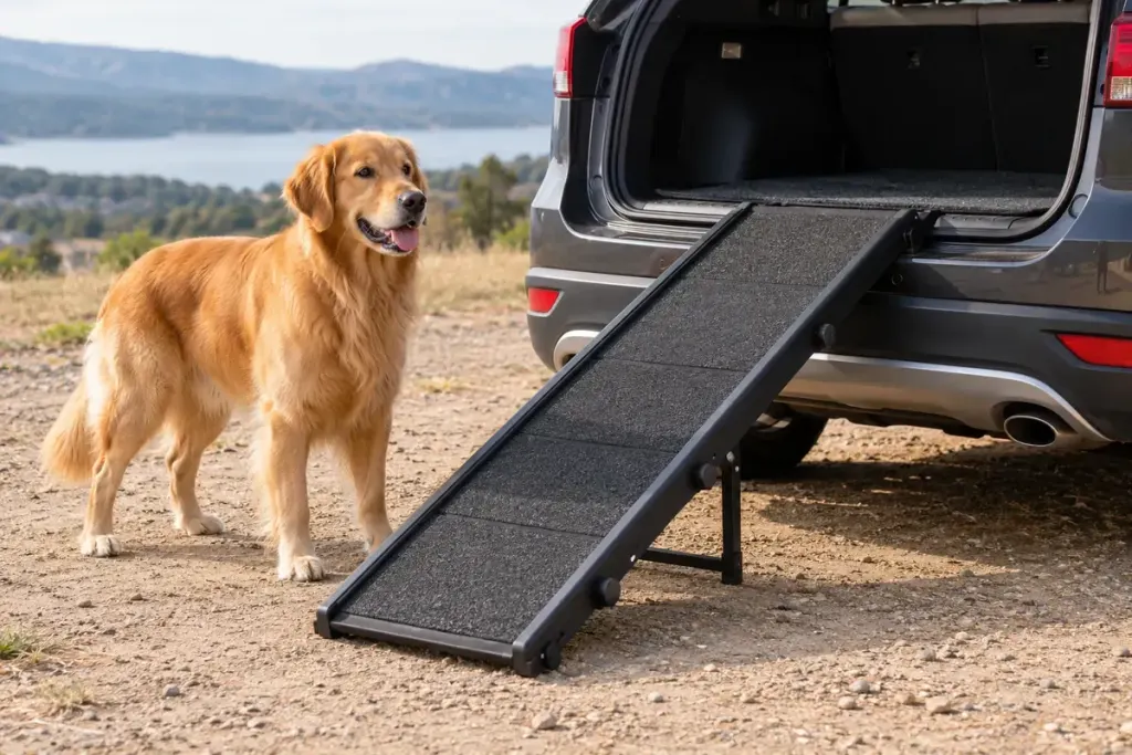 A dog calmly standing beside a low stable pet ramp on dry ground next to a parked car.