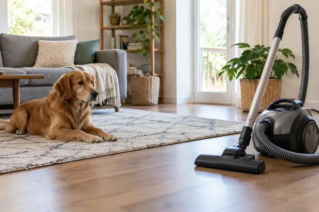 A relaxed adult dog at a distance from a switched-off vacuum cleaner in a spacious living room.