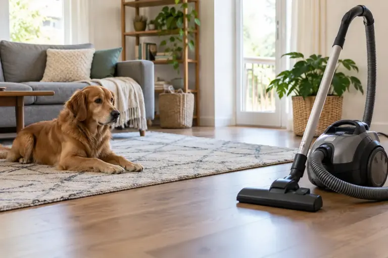 A relaxed adult dog at a distance from a switched-off vacuum cleaner in a spacious living room.