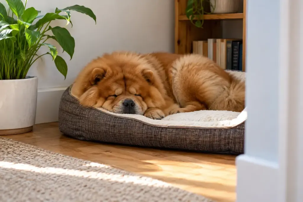 A relaxed chow chow sleeping in a dog bed in a quiet corner clear of a household walkway.