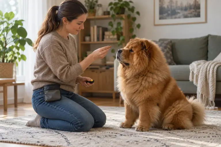 A dog trainer calmly rewarding a seated chow dog in a quiet room, small treat pouch and clicker.