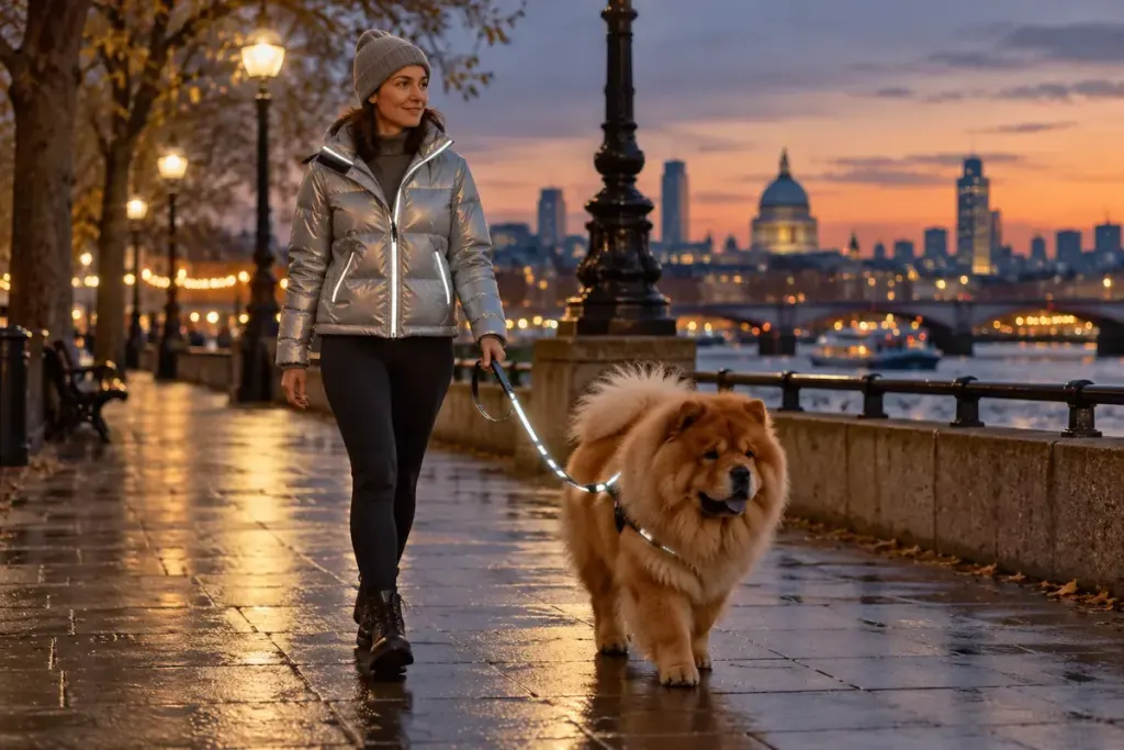 An adult walking a fluffy chow dog on a lead along a lit pavement at dusk, reflective lead and jacket catching nearby light.