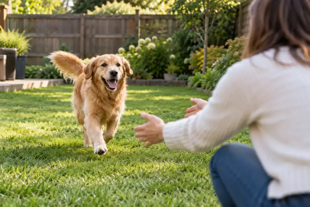 Dog happily returning toward handler in enclosed garden.