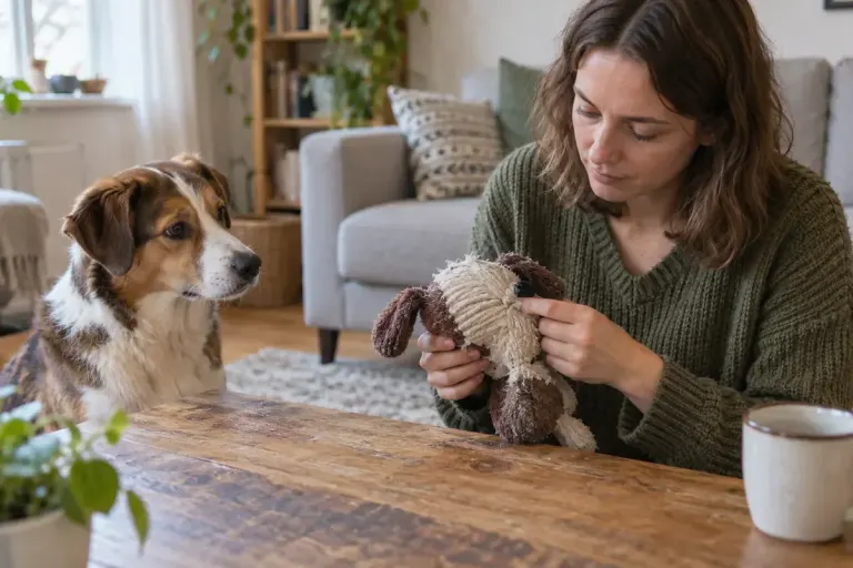 A dog watching an owner inspect a fabric dog toy at a clean living-room table.