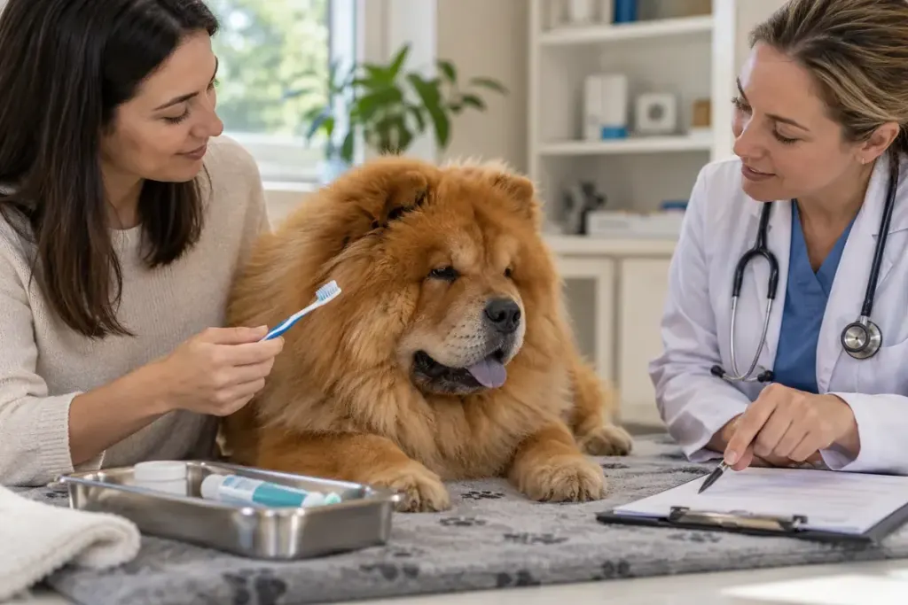A veterinary consultation about a Chow dog's toothbrushing routine.