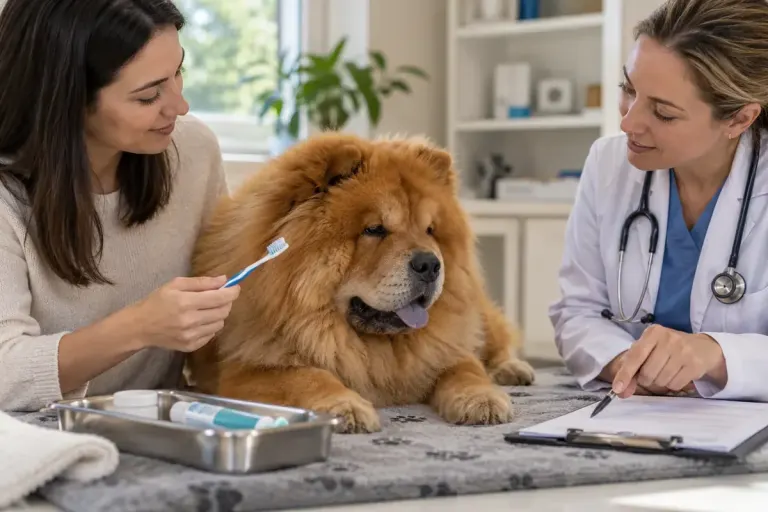 A veterinary consultation about a Chow dog's toothbrushing routine.