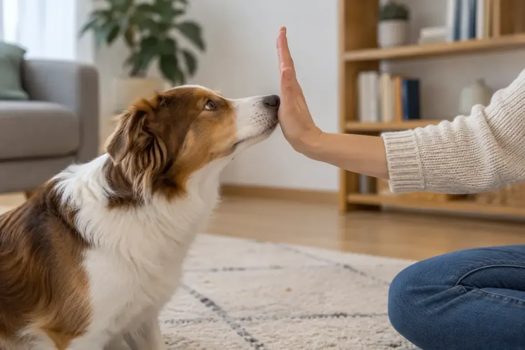 A relaxed dog voluntarily touching an open palm with its nose indoors.