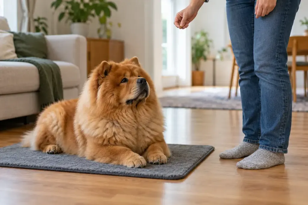 A calm chow chow waiting on a mat while an adult stands nearby holding a treat.