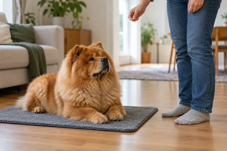 A calm chow chow waiting on a mat while an adult stands nearby holding a treat.