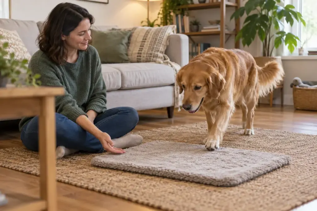 A relaxed dog approaching a small mat beside its seated owner in a living room.
