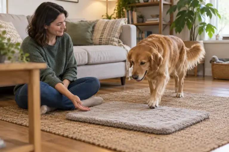 A relaxed dog approaching a small mat beside its seated owner in a living room.
