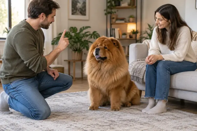 Two adult household members calmly discussing a training cue beside a relaxed Chow Chow dog in a living room.