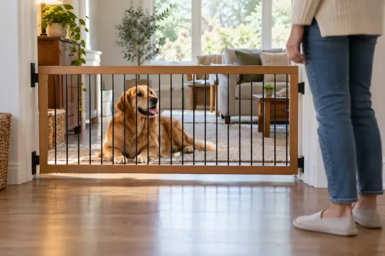 A relaxed dog resting behind a low household gate with an adult standing at a respectful distance, calm daylight, no snarling.